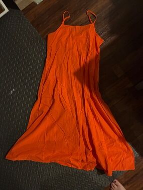 Bright Orange Spaghetti Strap Midi Dress